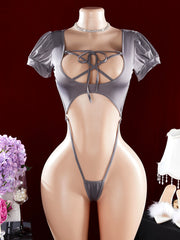 Women Hollow Puff Sleeve Teddy Bodysuit