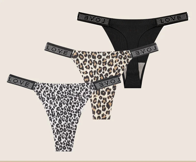 Two pairs of panties, one leopard print and one black, on a beige background with text.