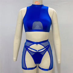 Blue sheer top and shorts set on a mannequin against a gray background