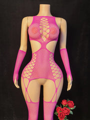 Women Fishnet Hollow Lingerie Bodysuit Gloves Set