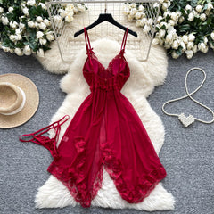 Irregular Mesh Lace Spliced Nightgown – Women’s Sheer Sleepwear Dress