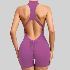 Women’s V-Back Scrunch Sports Jumpsuit – Zipper One-Piece