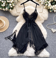 Irregular Mesh Lace Spliced Nightgown – Women’s Sheer Sleepwear Dress