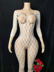 Women Fishnet Hollow Bodystocking Long Sleeve