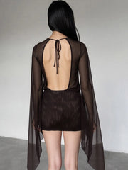 Sheer Mesh Deep V Mini Dress
