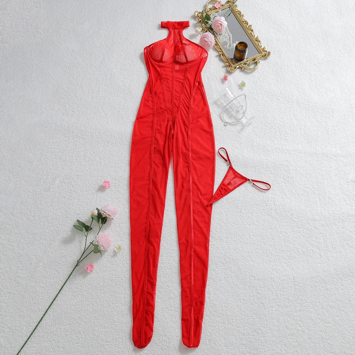 Red satin bodysuit with matching thong on a light gray background