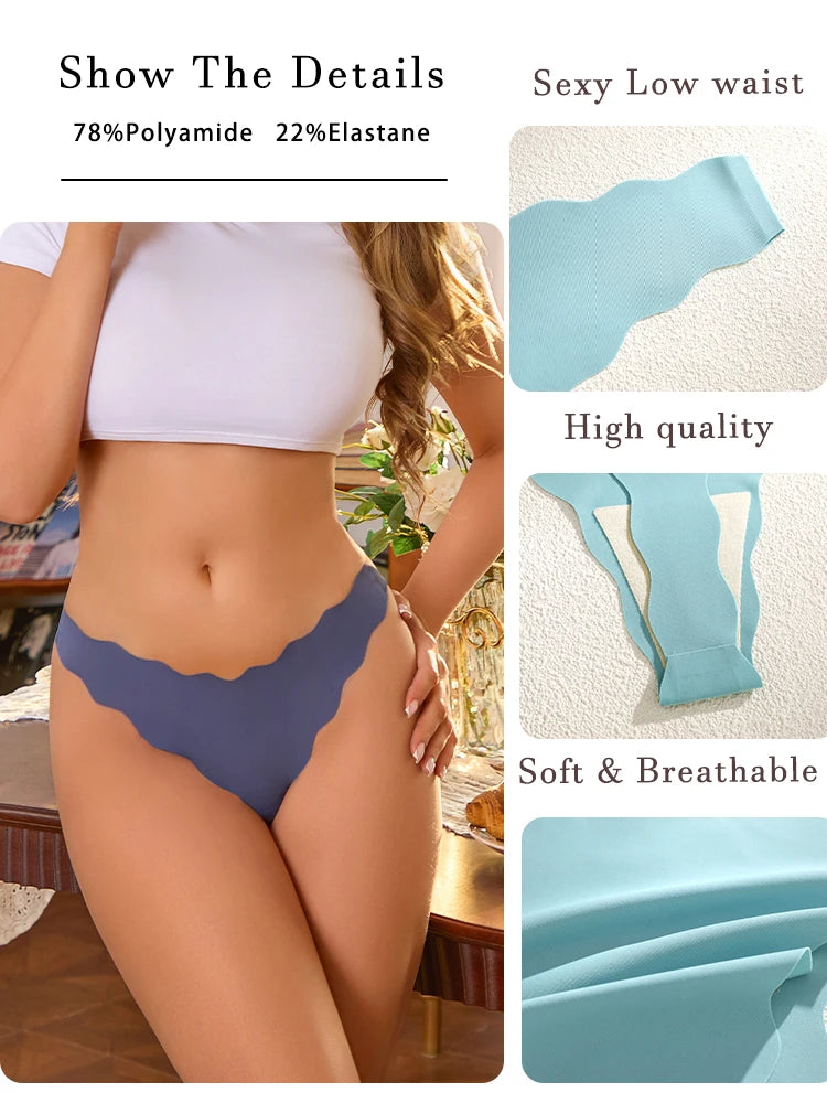 Blue underwear with text highlighting features like 'Sexy Low waist', 'High quality', and 'Soft & Breathable'.