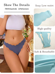 Blue underwear with text highlighting features like 'Sexy Low waist', 'High quality', and 'Soft & Breathable'.
