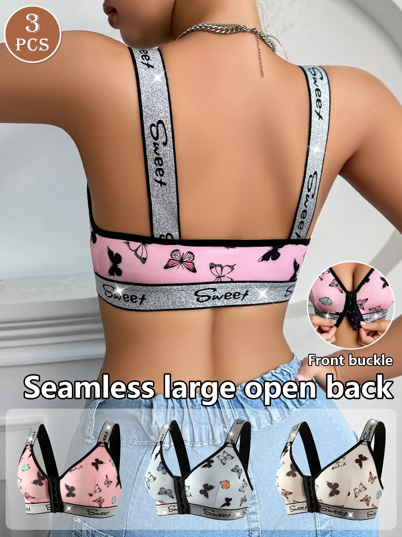Woman wearing a pink and black bralette with floral patterns, labeled '3 PCS' and 'Seamless large open back'.