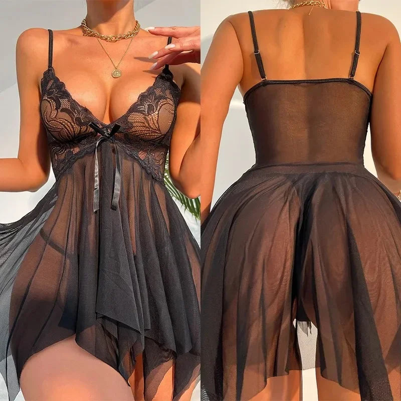 Black lace lingerie set worn by a model on a plain background