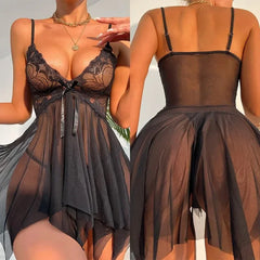 Black lace lingerie set worn by a model on a plain background
