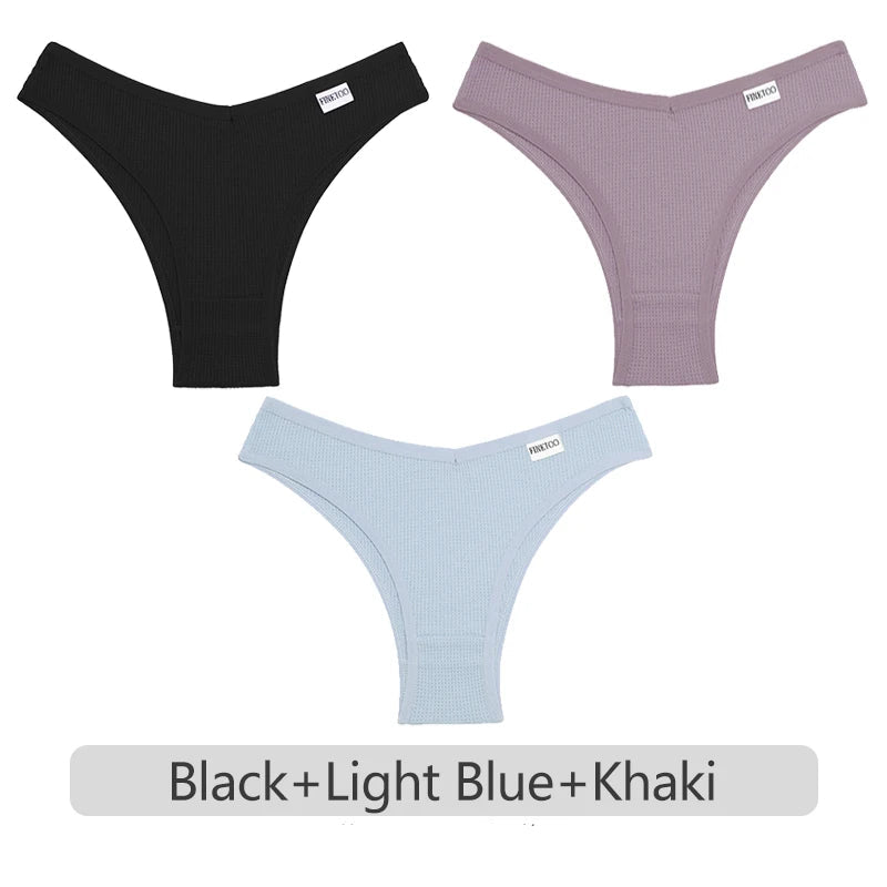 Three pairs of underwear in deep purple, light blue, and pink on a white background.