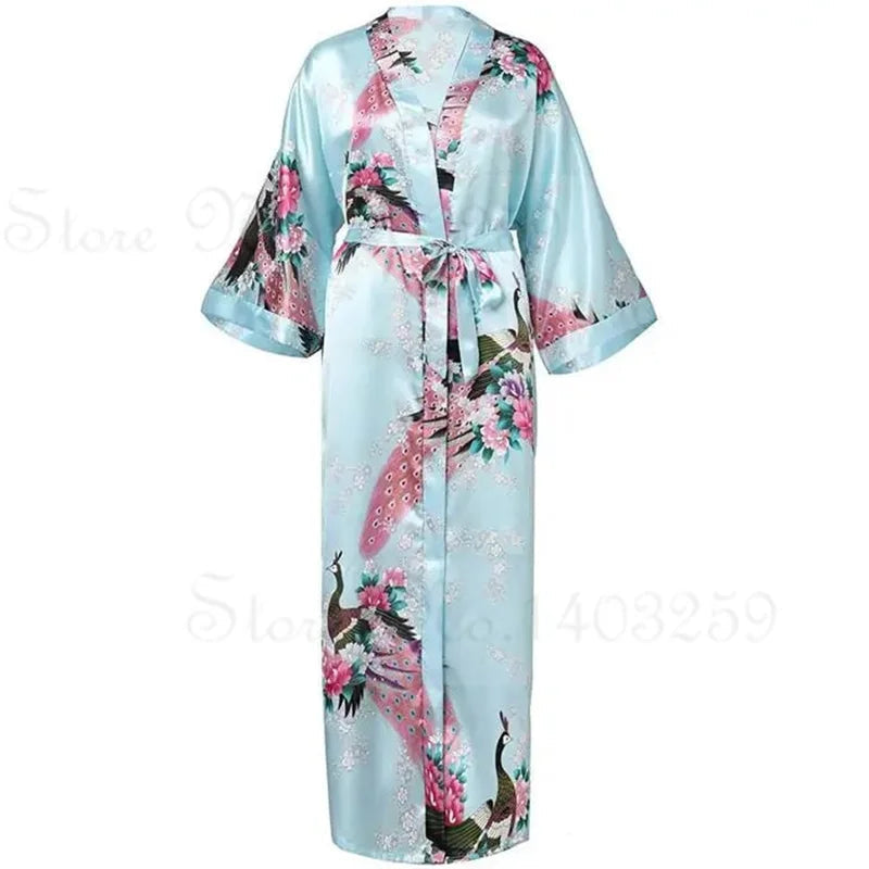 Floral satin robe with a pocket on a white background