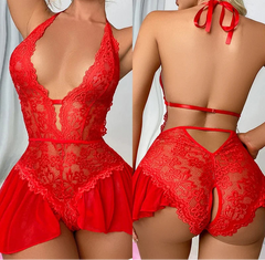 Red lace lingerie set shown from front and back on a neutral background