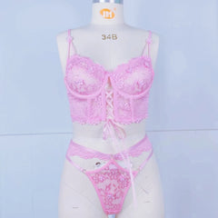 Sexy Lace Bra Set with Beaded 3D Flowers & Underwire