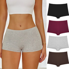 Woman wearing gray underwear with color swatches of black, purple, and brown on a white background
