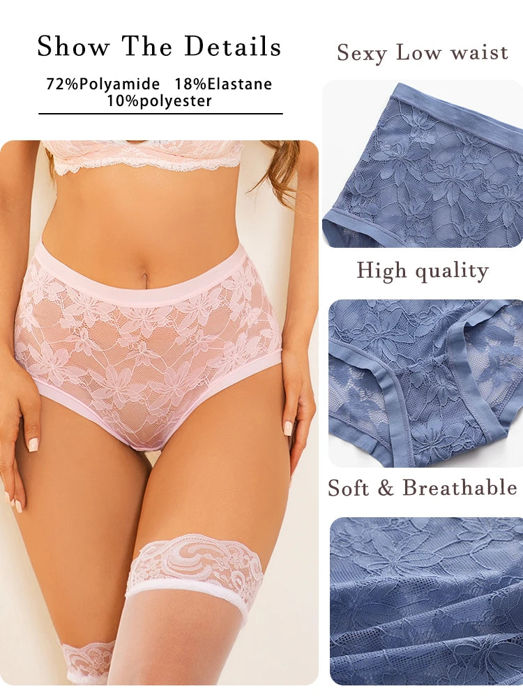 Lace lingerie set with details on fabric composition, waist size, quality, and comfort.
