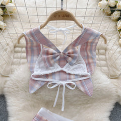 Japanese Plaid Bow Hollow‑Out Tank & Skirt Set