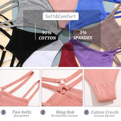Collection of women's bras in various colors with text on material composition and design features.