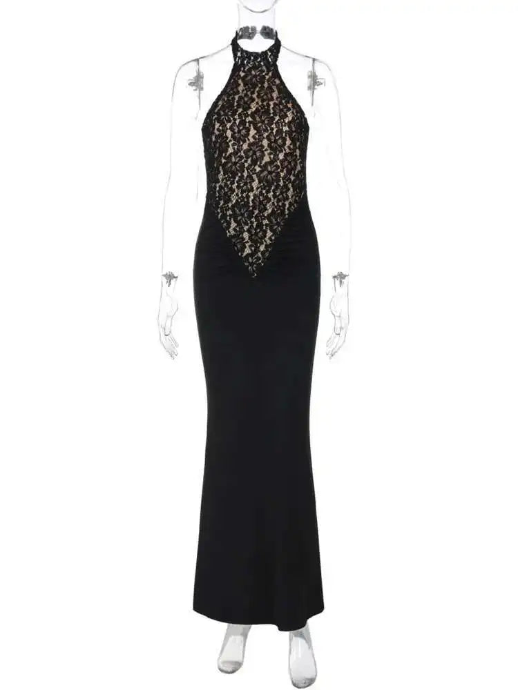 Black evening gown with floral lace detailing on a mannequin against a white background