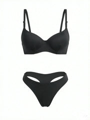 A two-piece black bikini set featuring a solid underwire bra top with adjustable shoulder straps and matching high-cut bikini bottoms with side cutouts, displayed against a solid white background.