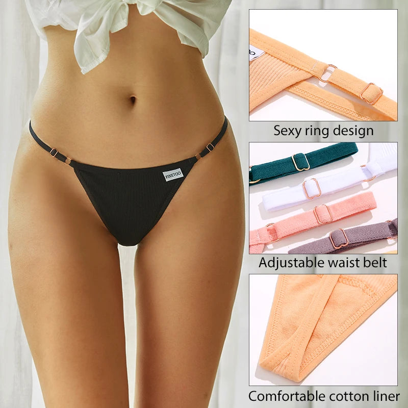 Black thong with adjustable waist belt and comfortable cotton liner on a white background