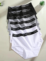 Stack of white underwear with black 'FINEtoo' waistbands on a light background