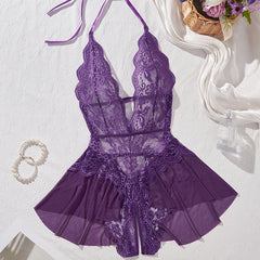Women's Sexy See-Through Lace Flower Print Bodysuit Teddy Doll Dress Backless One-piece Deep V Open Bra Crotchless Lingerie Set
