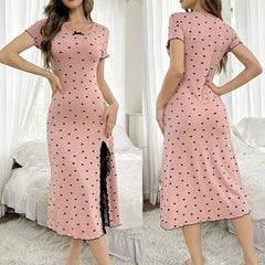Heart Print Ribbed Midi Nightgown Women