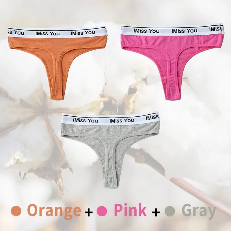 Three pairs of underwear in orange, pink, and gray with 'I Miss You' waistband on a white background.
