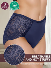 Navy lace underwear with a close-up of the fabric and text highlighting breathable quality.