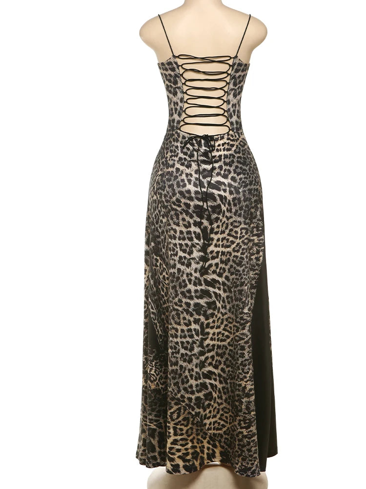 Leopard print dress with lace-up back on a mannequin against a white background