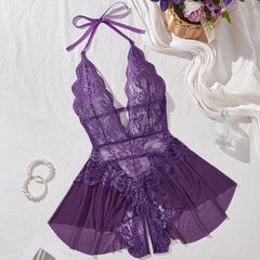 Women's Sexy See-Through Lace Flower Print Bodysuit Teddy Doll Dress Backless One-piece Deep V Open Bra Crotchless Lingerie Set