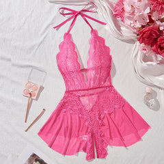 Women's Sexy See-Through Lace Flower Print Bodysuit Teddy Doll Dress Backless One-piece Deep V Open Bra Crotchless Lingerie Set