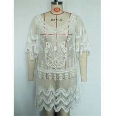 Embroidered V-Neck Beach Cover-Up – Sheer Short Sleeve Tunic Dress