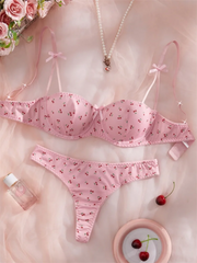 Cherry Print Lingerie Set – Cute 3-Point Bra & Panty with Bow Detail