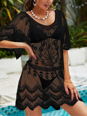 Embroidered V-Neck Beach Cover-Up – Sheer Short Sleeve Tunic Dress