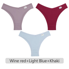 Three pairs of underwear in wine red, light blue, and khaki on a white background.