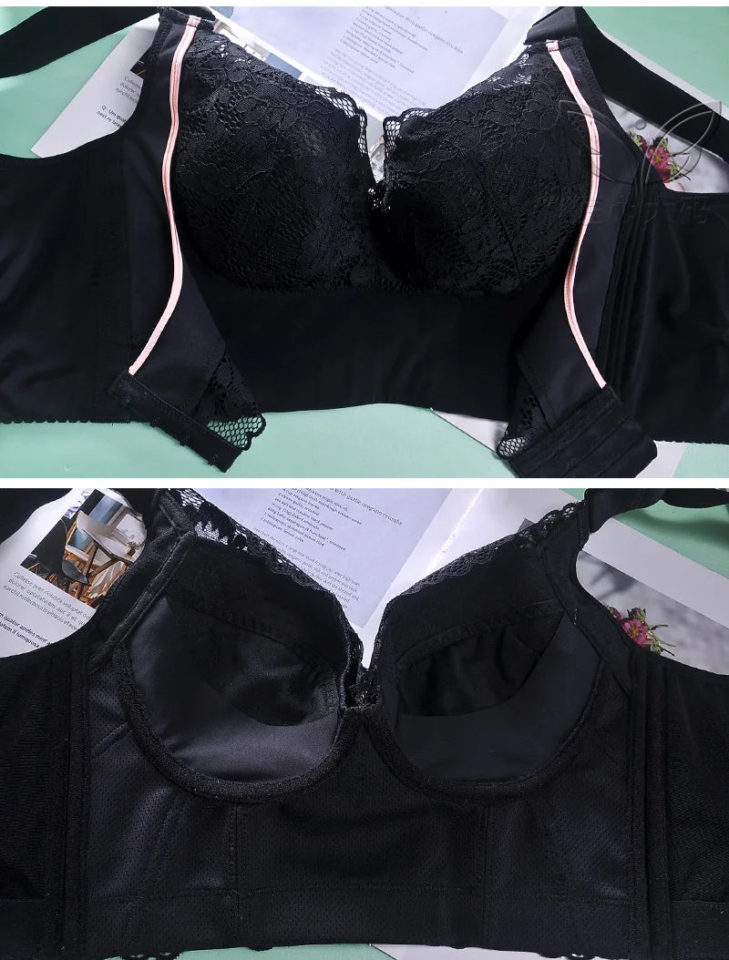 Black lace bra on a green surface with a magazine underneath