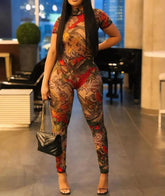 Sheer Dragon Print Jumpsuit – Backless Slim Fit Clubwear for Women