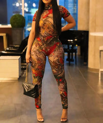 Sheer Dragon Print Jumpsuit – Backless Slim Fit Clubwear for Women