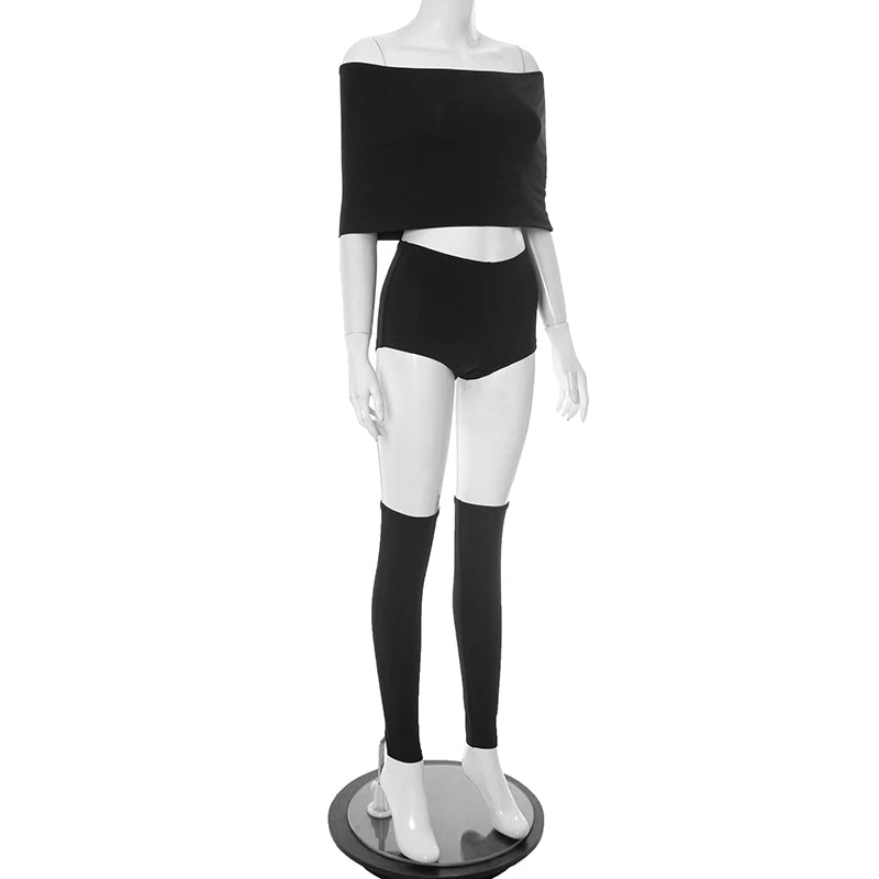 Mannequin wearing a black off-shoulder top and high-waisted shorts on a white background