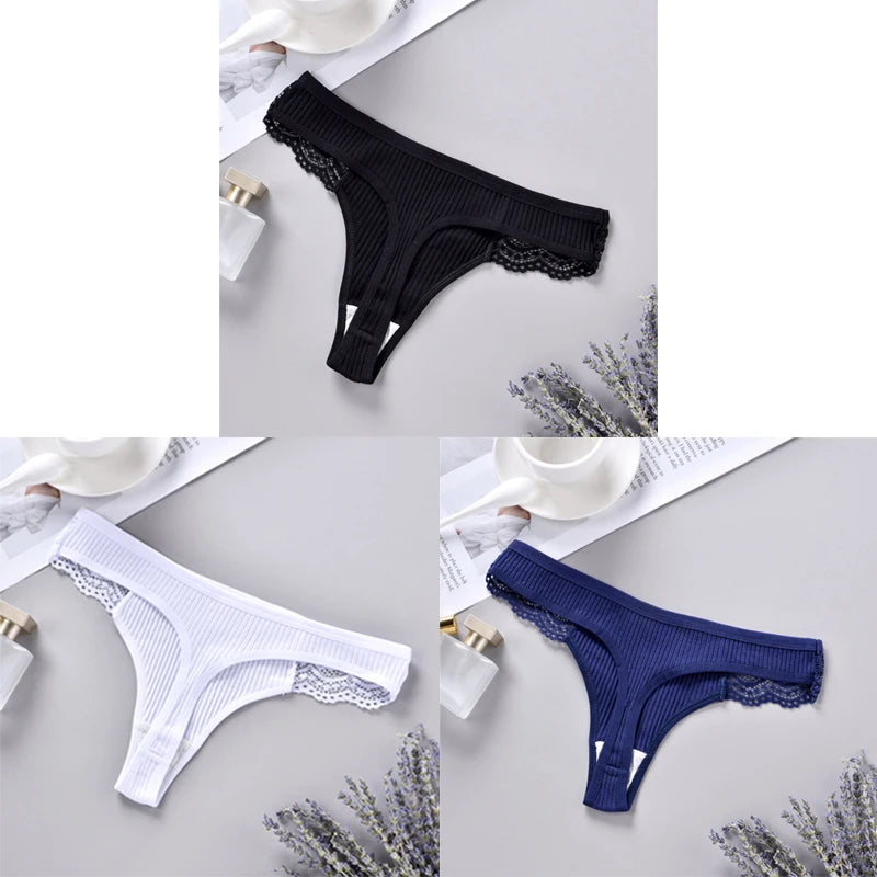 Three-piece ribbed thong combination in black, white and navy