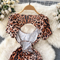 Leopard Print Lace-Up Night Dress – Sexy Slim-Fit Short Sleeve Lingerie