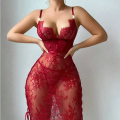 Red lace lingerie set on a plain background