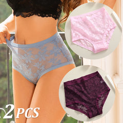 Woman wearing lace underwear with inset images of pink and purple panties.