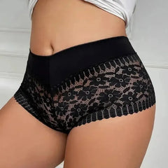 Black lace underwear worn by a person on a neutral background