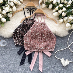Shiny Sequined Halter Neck Top for Women