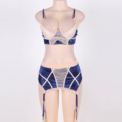 Blue and beige lingerie set on a mannequin against a white background