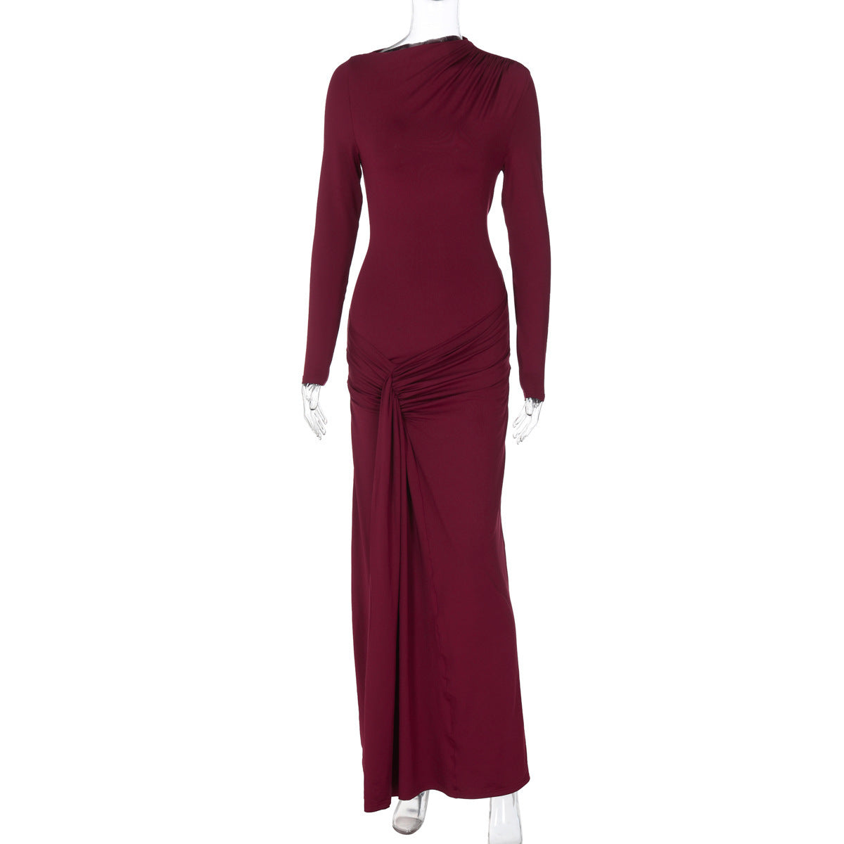 Maroon evening gown on a white background